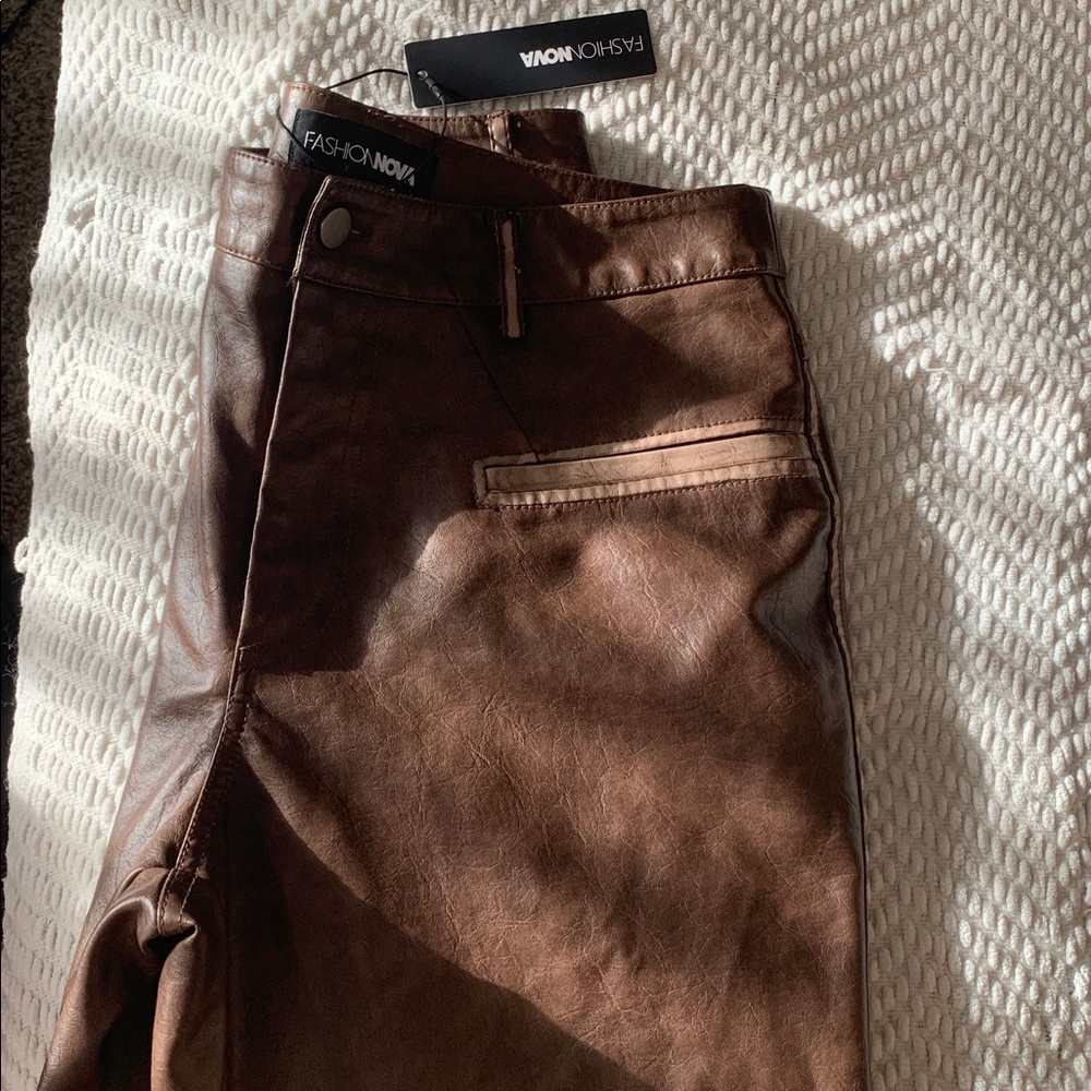 Brown Washed Faux Leather Wide Leg Pants